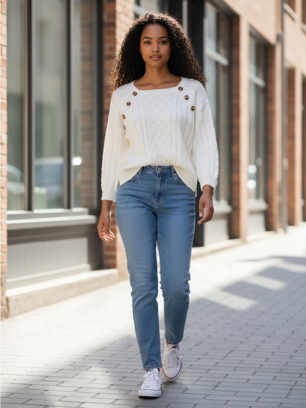Beautiful White Cable-Knit Sweater with Shoulder Buttons - Picture 2 of 6